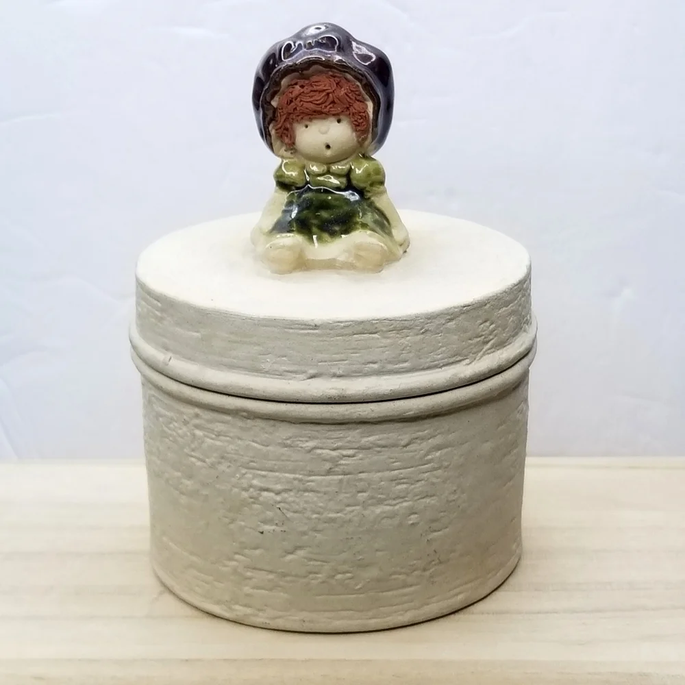Vintage Unique Stoneware Round Textured Trinket With Girl Figurine on the Lid